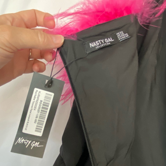 Nasty Gal Black Jumpsuit Hot Pink Feather Trim - Picture 6 of 16